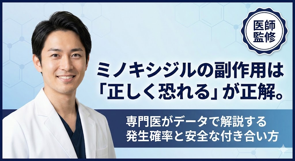 医師監修のもと、ミノキシジルの副作用について「正しく理解し、過度に恐れないこと」が重要であると伝えるアイキャッチ画像