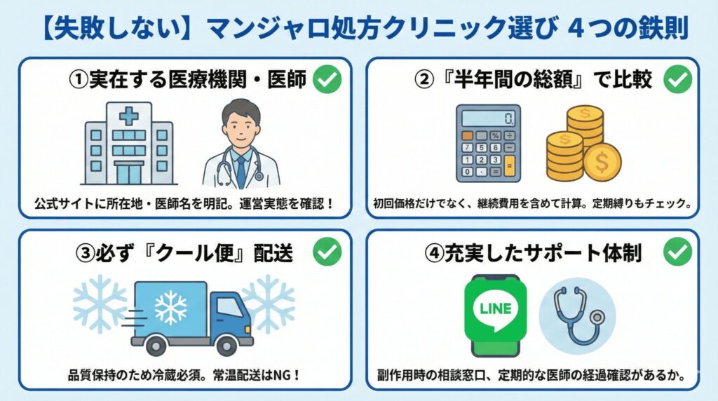 失敗しないマンジャロオンライン診療の選び方4つの重要ポイント（信頼性・総額費用・クール便・サポート体制）