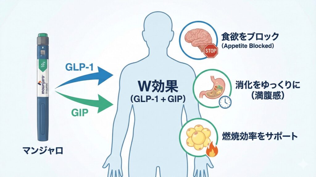 マンジャロ（チルゼパチド）のダイエット効果の仕組み図解：食欲抑制と満腹感持続のメカニズム