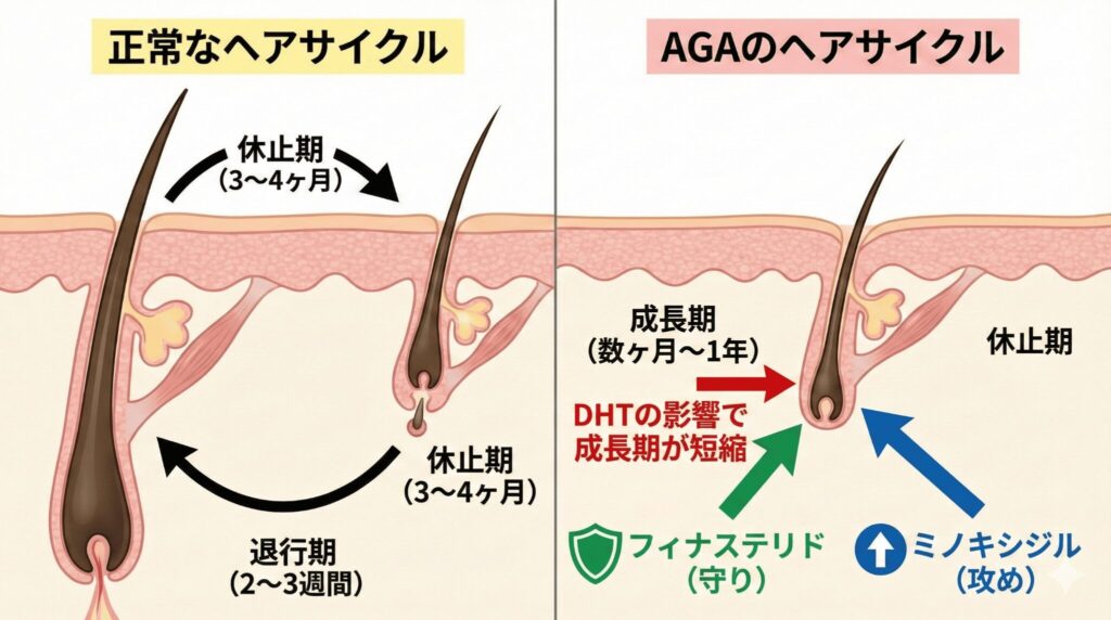 AGA(男性型脱毛症)の進行メカニズムとヘアサイクルの乱れ・治療薬の作用点図解