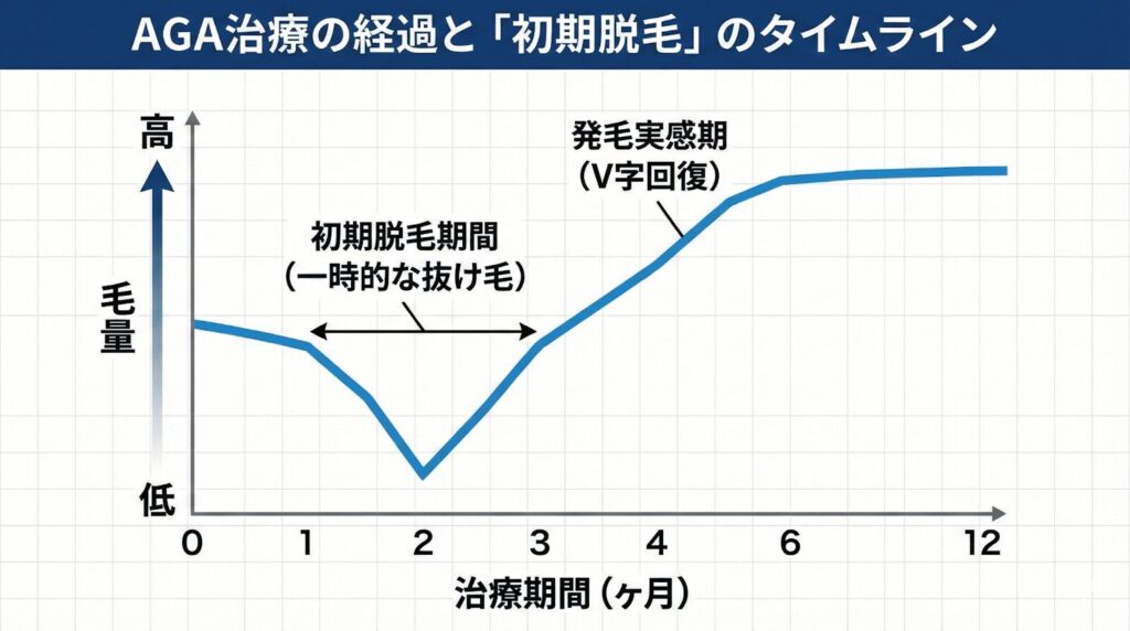 AGA治療の経過グラフ 初期脱毛による一時的な抜け毛と発毛回復までの期間目安