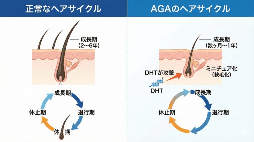 AGAの原因であるヘアサイクルの乱れとDHTによる成長期短縮のメカニズム図解