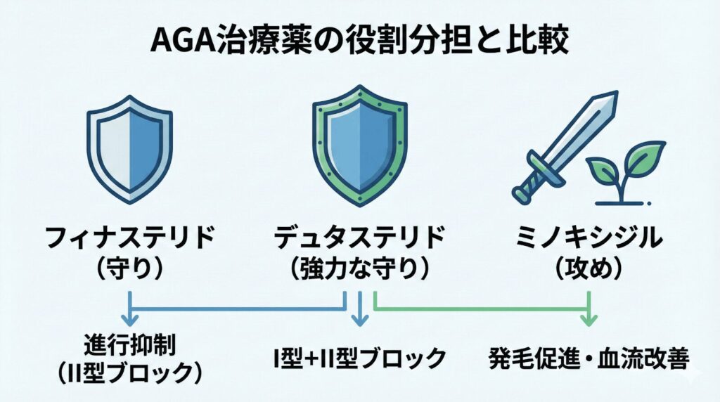 AGA治療薬の比較図 フィナステリド・デュタステリド・ミノキシジルの効果と役割分担