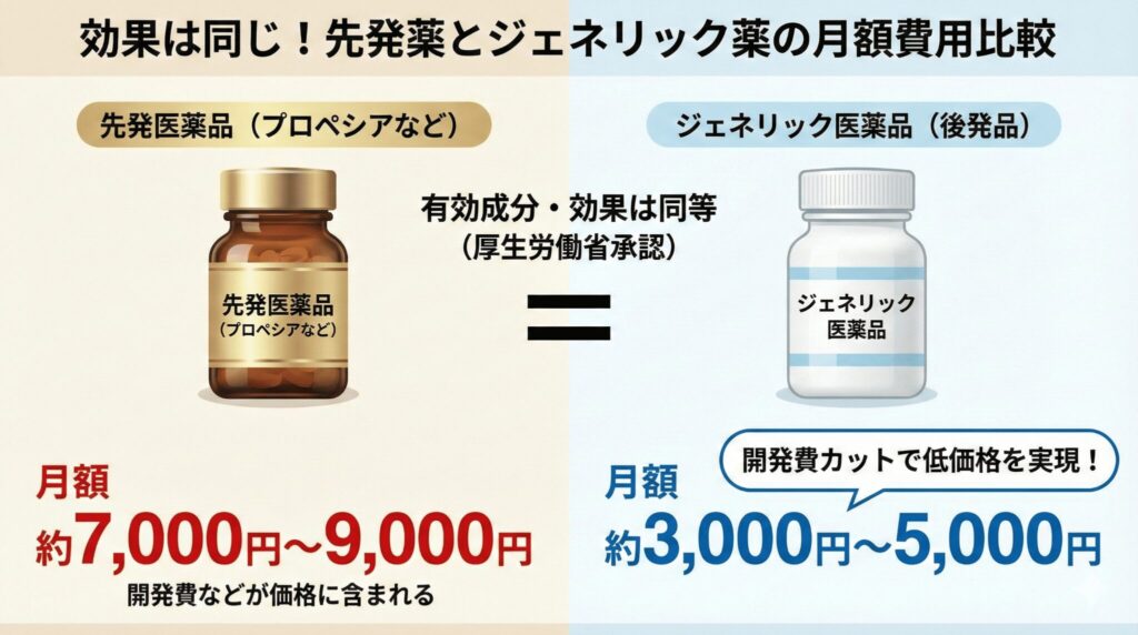AGA治療薬の先発品とジェネリック医薬品の月額費用比較図。有効成分と効果は同等だが、ジェネリックの方が価格が大幅に安いことを示すイラスト。