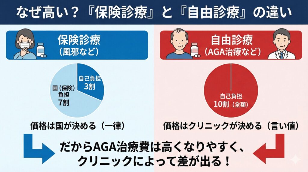 保険診療と自由診療の仕組みの違いを図解したイラスト。AGA治療は全額自己負担の自由診療であり、クリニックが自由に価格を設定できるため高額になりやすい構造を説明。