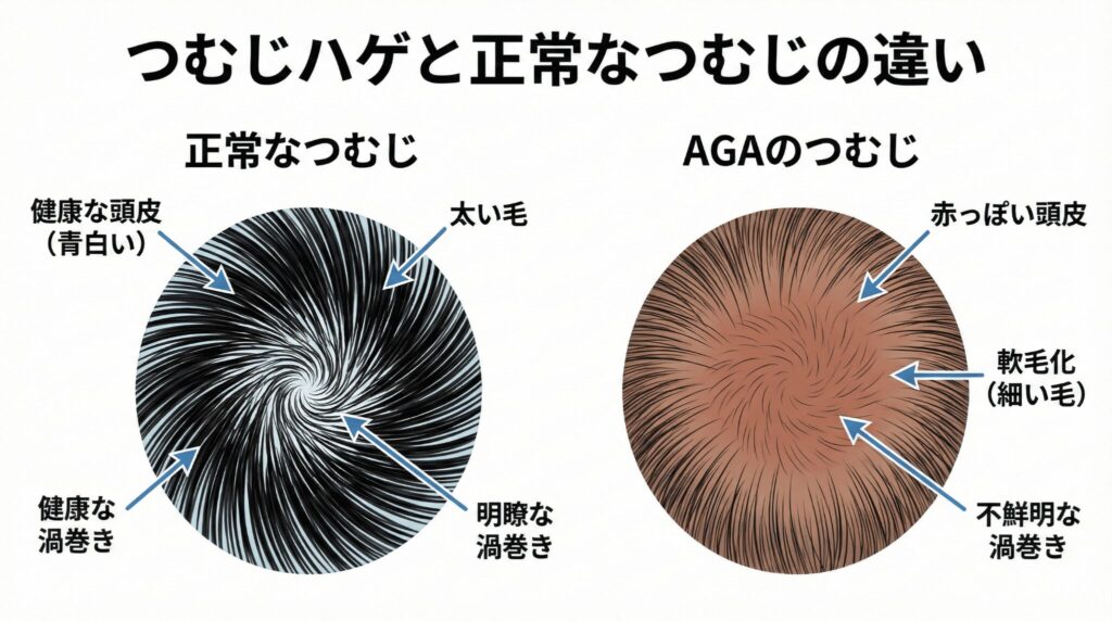 つむじハゲと正常なつむじの違い比較図解 正常なつむじ割れとAGAの初期症状