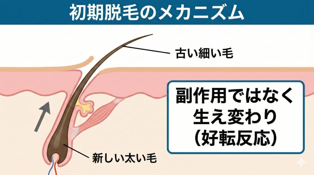 AGA治療 初期脱毛 仕組み 新しい髪が古い髪を押し出す図