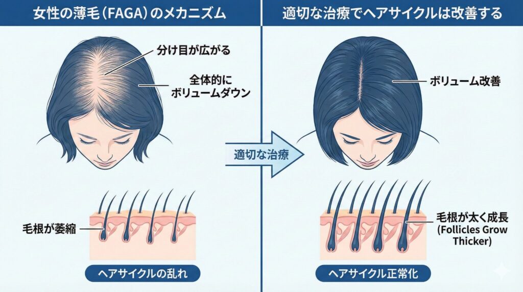 女性の薄毛(FAGA)の原因と治療によるヘアサイクル改善のメカニズム図解