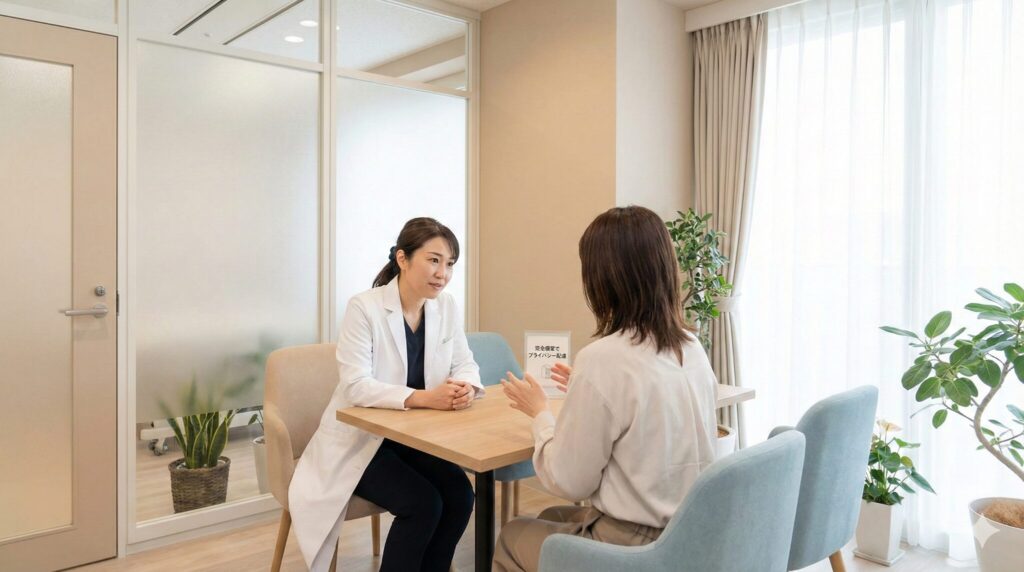 女性専用の薄毛治療クリニックにおけるプライバシーに配慮した個室カウンセリングの様子