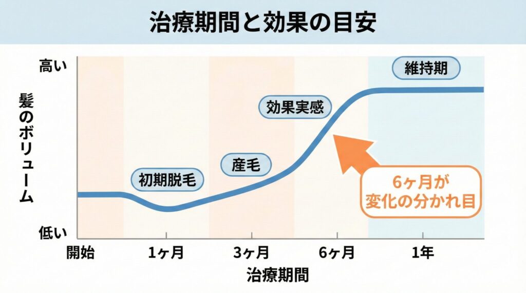 女性の薄毛治療の効果が出るまでの期間と初期脱毛を含むヘアサイクルの経過グラフ