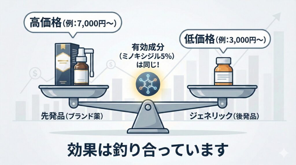 AGA治療薬 先発品とジェネリックの比較図 価格差はあるが有効成分ミノキシジル5%は同じ