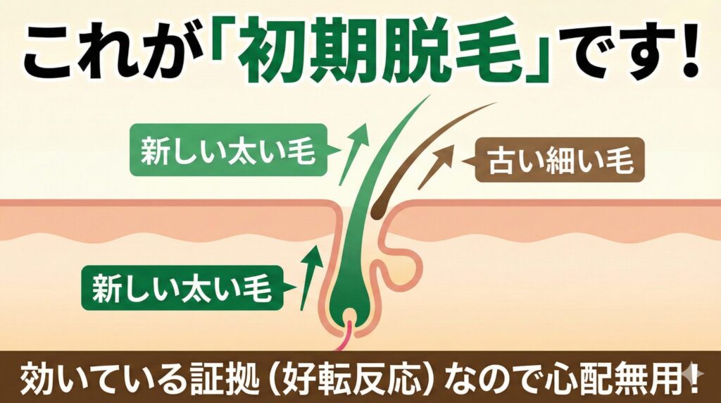 ミノキシジルの初期脱毛メカニズム図解 新しい毛が古い毛を押し出す好転反応