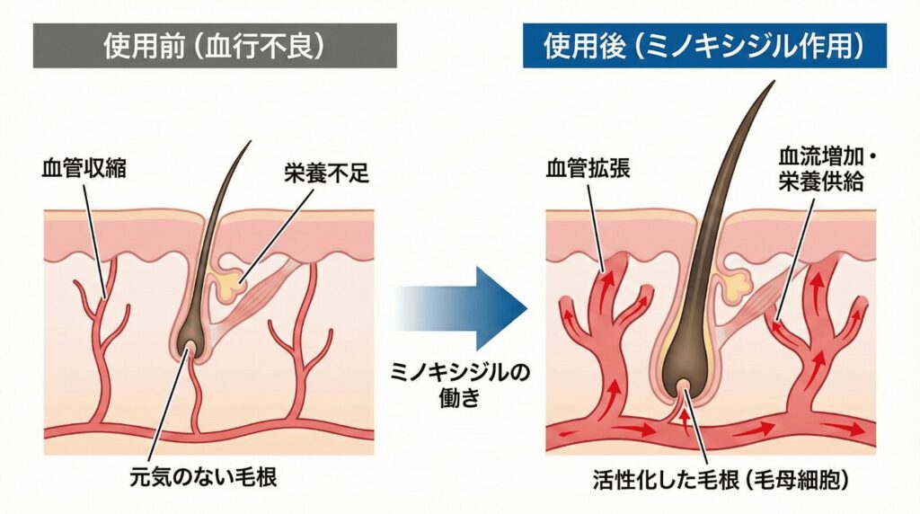 ミノキシジルの発毛メカニズム図解:頭皮の血管を拡張し、血流を改善することで毛母細胞に栄養を届け、ヘアサイクルを正常化する仕組みの医療イラスト。