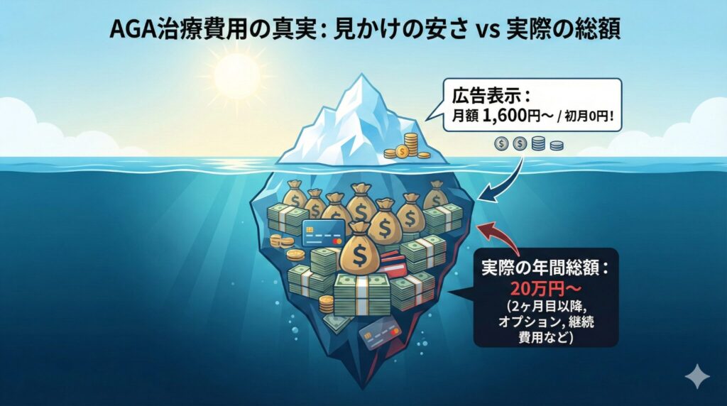 AGA治療費用の広告価格と実際の年間総額の比較イメージ