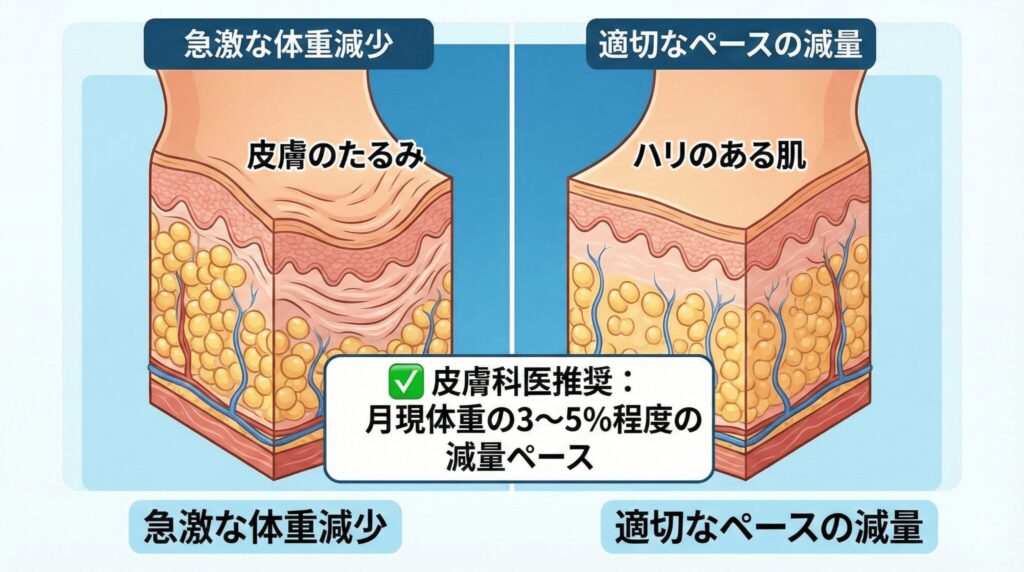 急激なダイエットによる皮膚のたるみのメカニズムと適切な減量ペースの図解