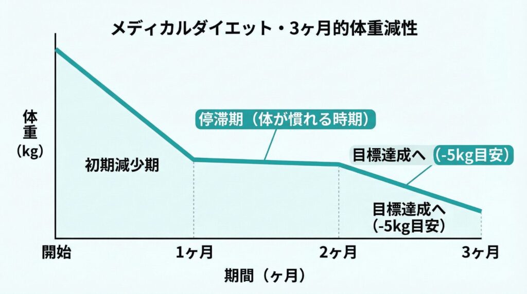 医療ダイエットの体重減少推移グラフ 3ヶ月間の停滞期と減少イメージ