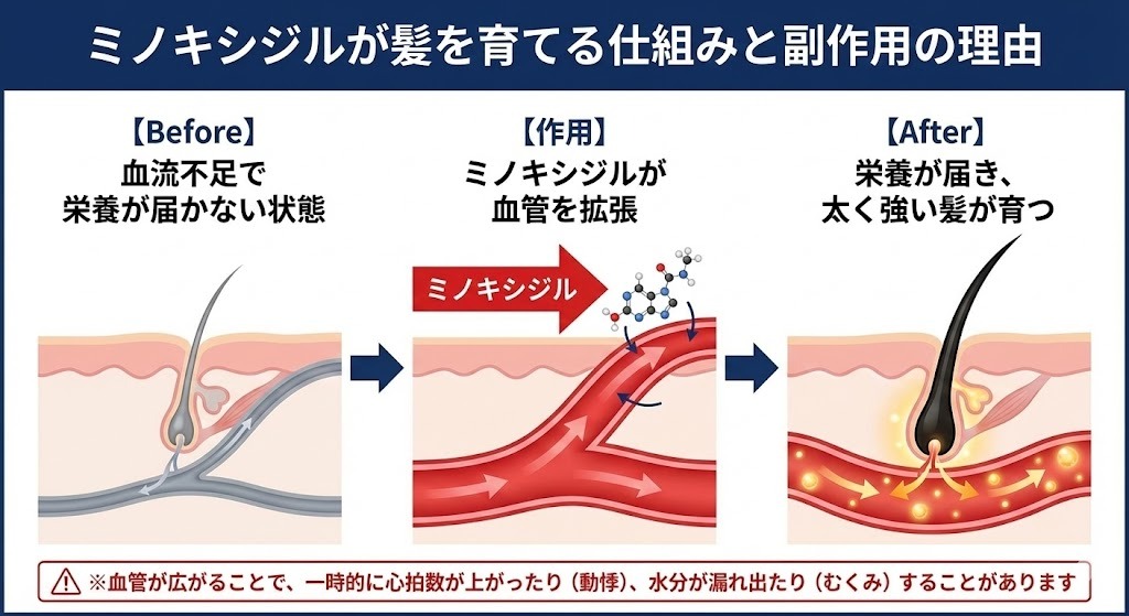 ミノキシジルが血管を拡張し、頭皮の血流と栄養供給を改善することで、太く強い髪の成長を促す仕組みを示した図。