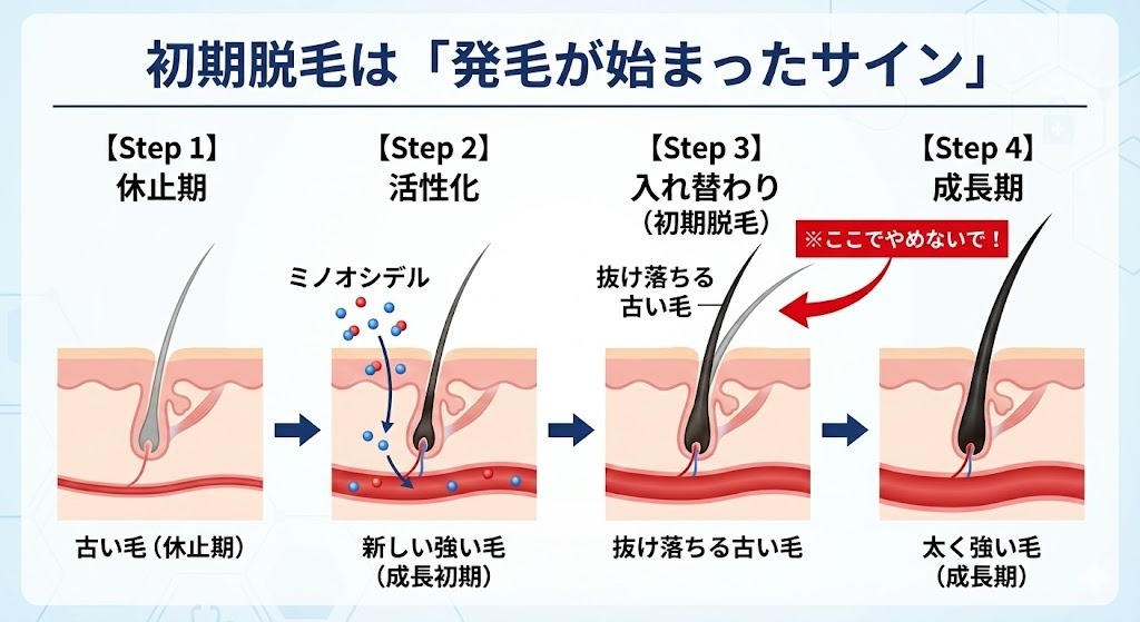 ミノキシジル使用後に起こるヘアサイクルの変化を示す図。休止期から成長期への移行過程で、古い毛が抜ける「初期脱毛」が起こり、その後太く強い毛が成長する流れを解説している。