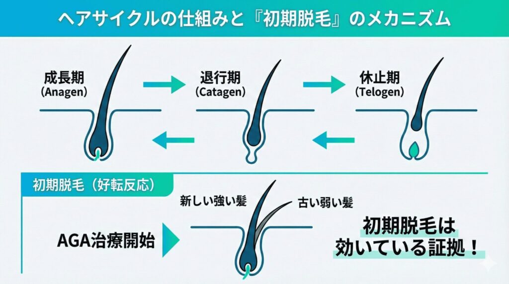 ヘアサイクルの仕組みとAGA治療による初期脱毛(好転反応)のメカニズム図解