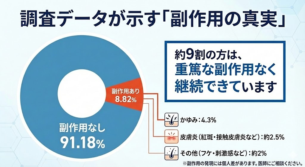 ミノキシジル使用者における副作用発現率を示した円グラフ。約9割が副作用なしで、かゆみや皮膚炎などは少数であることを示している。