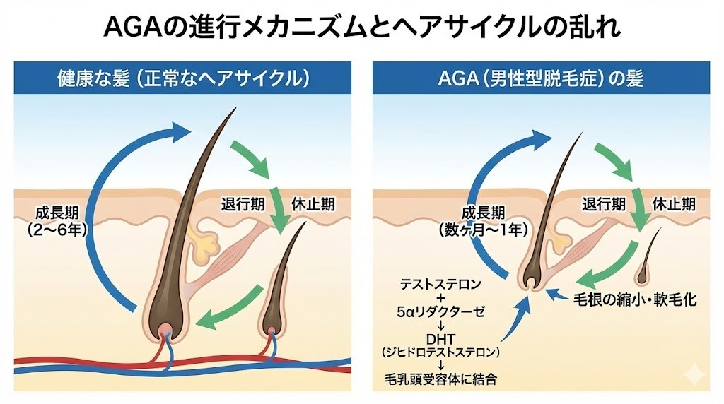 AGAの進行メカニズムとヘアサイクルの乱れ・毛根の縮小図解