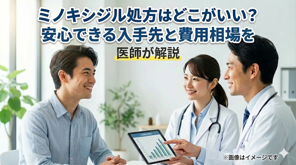 「ミノキシジル処方はどこがいい？ 安心できる入手先と費用相場を医師が解説」というタイトルのアイキャッチ画像。診察室で医師とタブレットを見ながら相談している男性の様子。