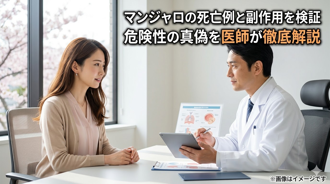 診察室で医師の説明を真剣に聞く女性患者のイメージ画像。マンジャロの副作用や死亡例の真偽、安全性について医師が徹底解説する記事のアイキャッチ。