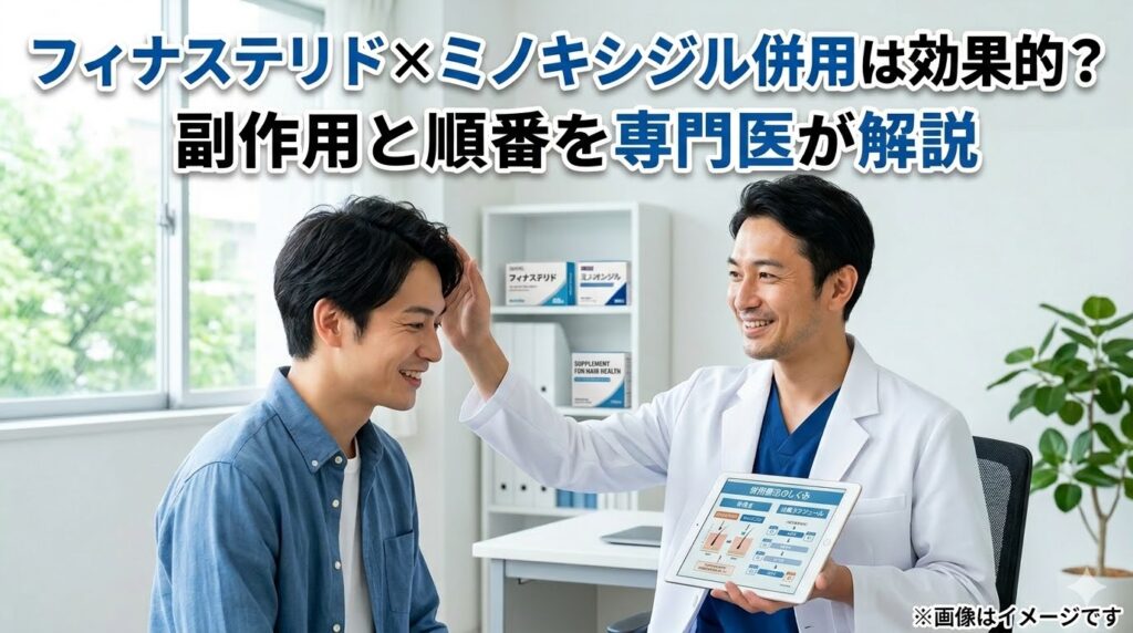フィナステリドとミノキシジルの併用について医師が解説する様子と、記事タイトル「フィナステリド×ミノキシジル併用は効果的？副作用と順番を専門医が解説」のテキスト