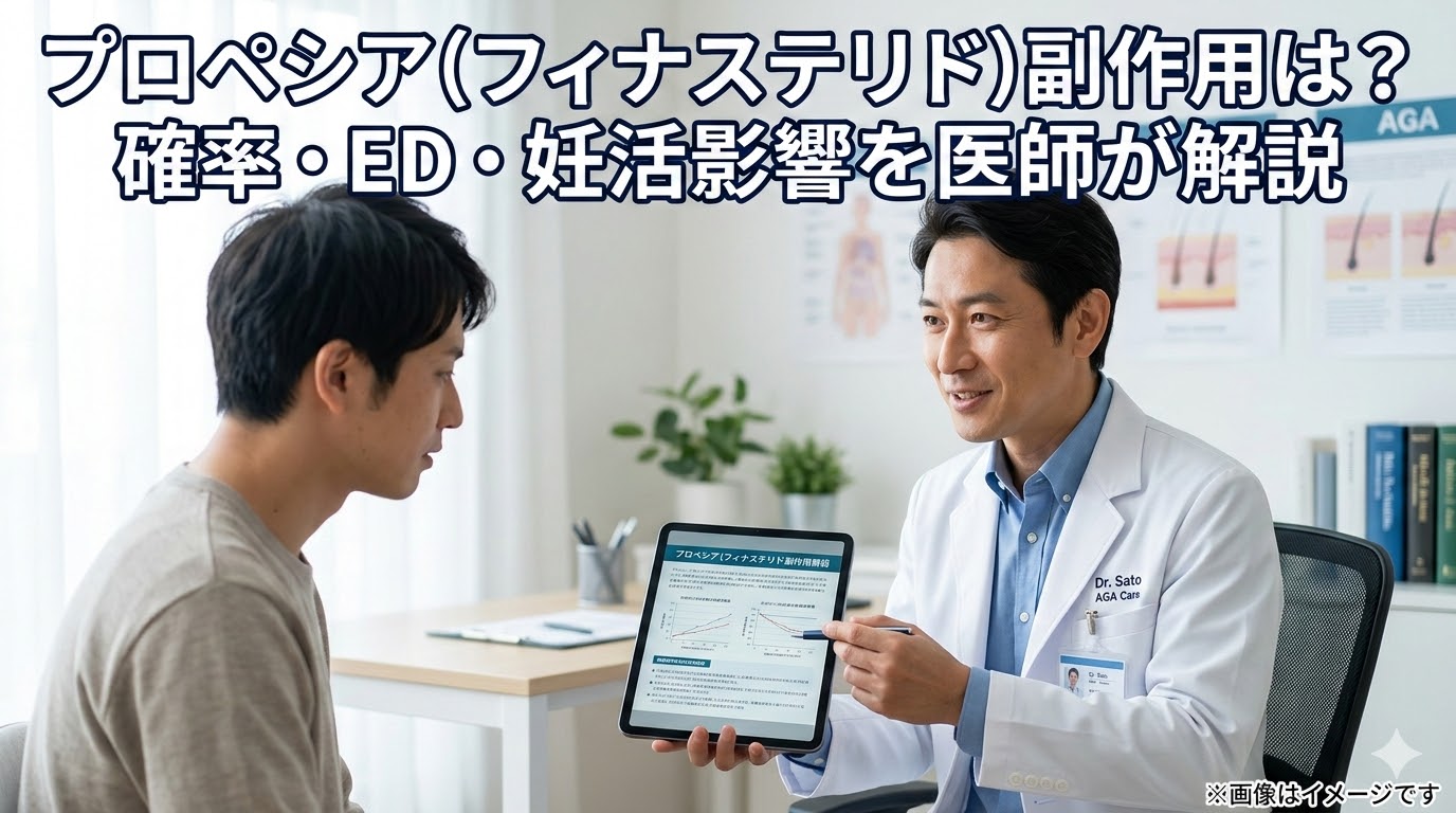 AGAクリニックでの診察風景。白衣の医師がタブレットを使いながら、若い男性患者にプロペシア（フィナステリド）の副作用、発現確率、EDや妊活への影響について解説しているイメージ図。