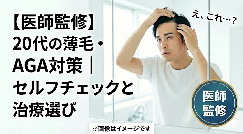 鏡で生え際を気にする20代男性の姿と「【医師監修】20代の薄毛・AGA対策｜セルフチェックと治療選び」というタイトルのアイキャッチ画像。