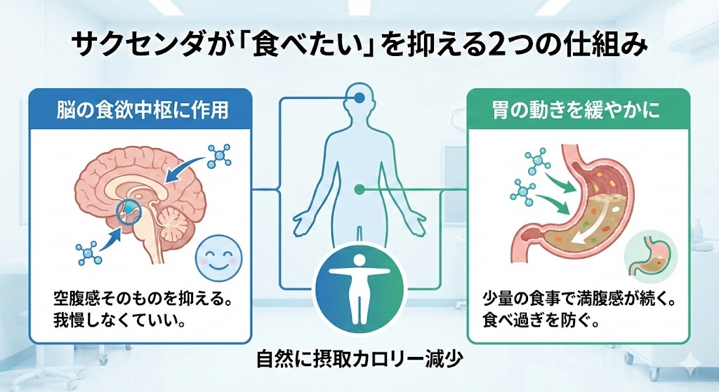 サクセンダが食欲を抑える2つの仕組みの解説図。脳の食欲中枢に作用して空腹感を抑える効果と、胃の動きを緩やかにして少量の食事で満腹感を持続させる効果のダブル作用により、自然に摂取カロリーが減少することを説明。