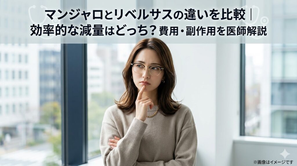マンジャロとリベルサスの違いを比較し、減量効果や費用、副作用について悩む女性のイメージ画像