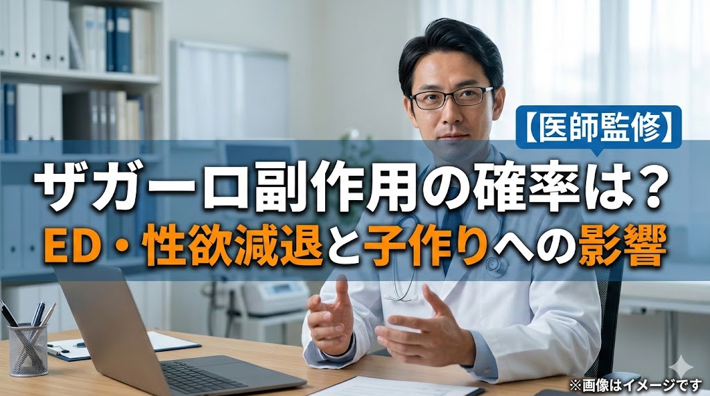 医師の画像と共に「【医師監修】ザガーロ副作用の確率は？ED・性欲減退と子作りへの影響」というタイトルが記載された、AGA治療薬の副作用解説のアイキャッチ画像。