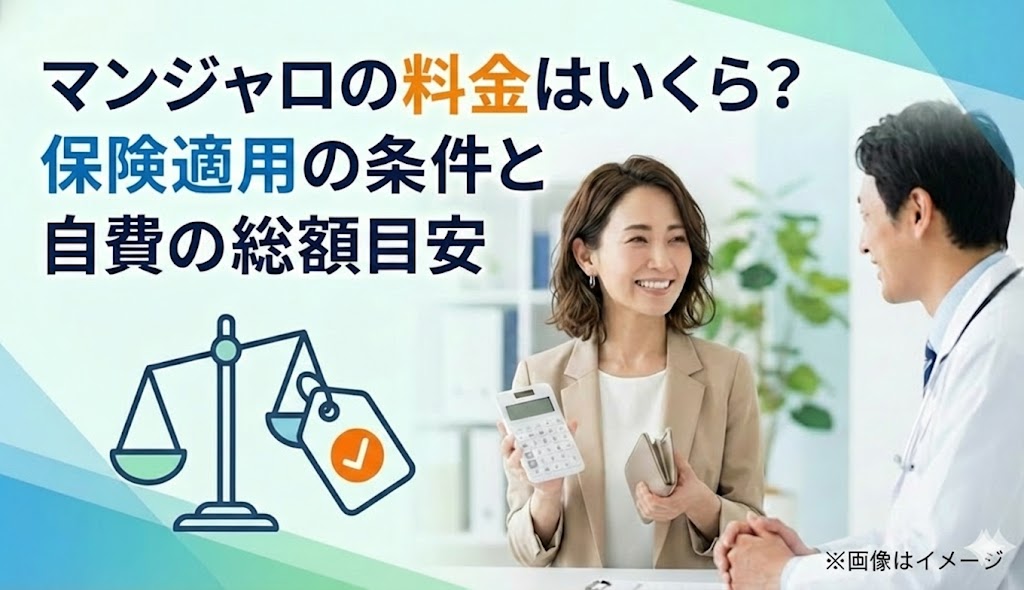 マンジャロの料金はいくら？保険適用の条件と自費の総額目安。天秤のイラスト、電卓を持つ女性、医師と相談する様子の写真。