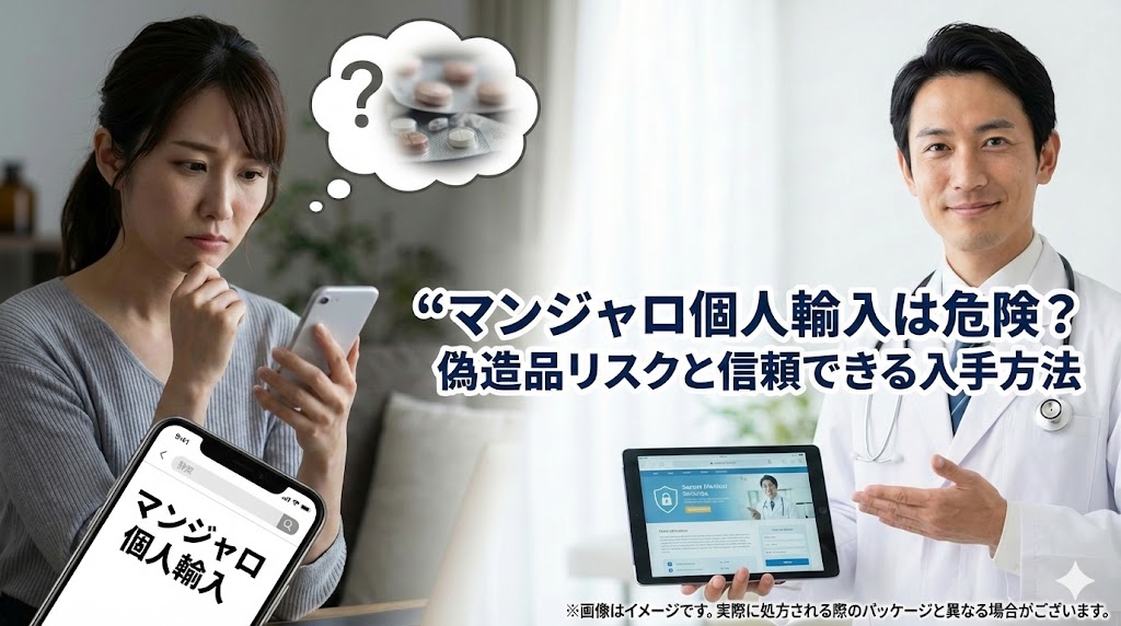 マンジャロの個人輸入の危険性と、偽造品リスク・信頼できる入手方法について解説するアイキャッチ画像。不安そうにスマホで個人輸入を調べる女性と、タブレットでオンライン診療を案内する笑顔の医師の対比。