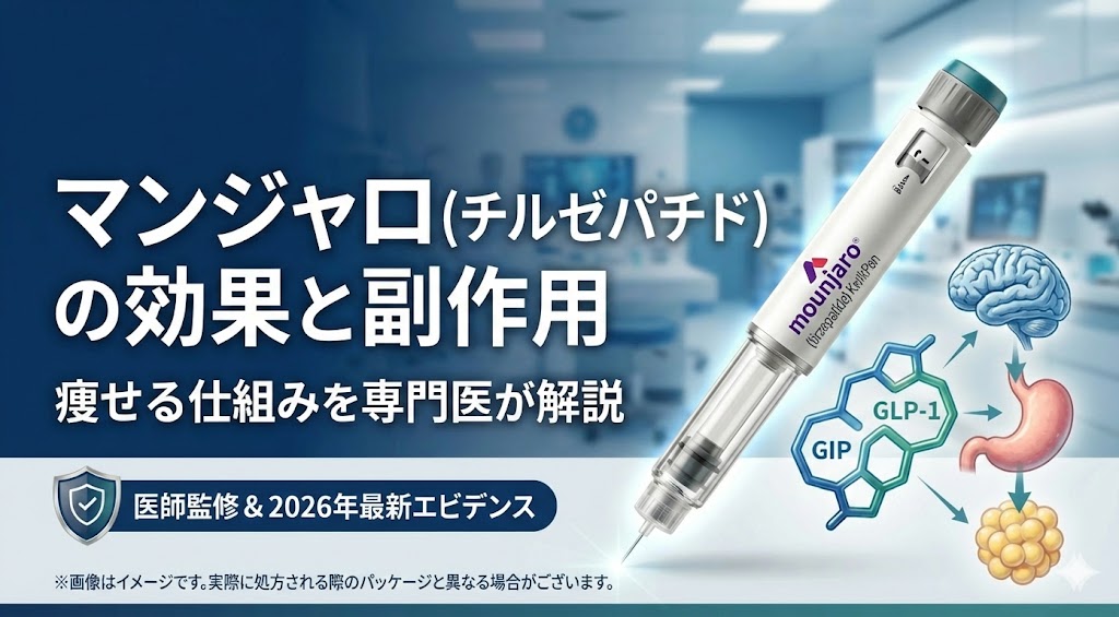 2026年の最新エビデンスに基づいたマンジャロ（チルゼパチド）の解説画像。左側に「痩せる仕組みを専門医が解説」というテキスト、右側にアテオス注入器と、脳・胃・脂肪細胞へ作用するGIP/GLP-1のイメージ図。