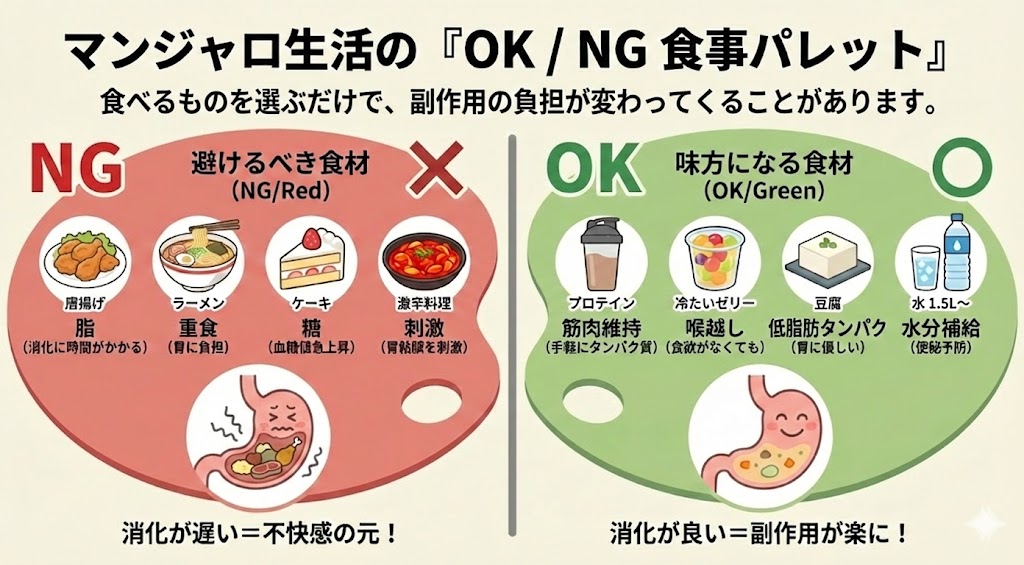 マンジャロ使用中の「OK/NG食事パレット」。NG(避けるべき)として唐揚げ・ラーメン・ケーキ・激辛料理などの消化が悪いもの、OK(味方になる)としてプロテイン・冷たいゼリー・豆腐・水1.5L以上の消化が良いものが紹介されている。