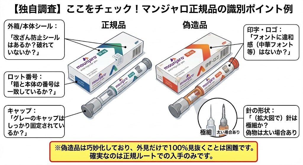 マンジャロ正規品と偽造品の識別ポイントの比較図。外箱の改ざん防止シール、ロット番号の一致、ロゴのフォント、キャップの固定状態、針の太さの違いなどを解説。「外見だけで100%見抜くことは困難」という注意書き。