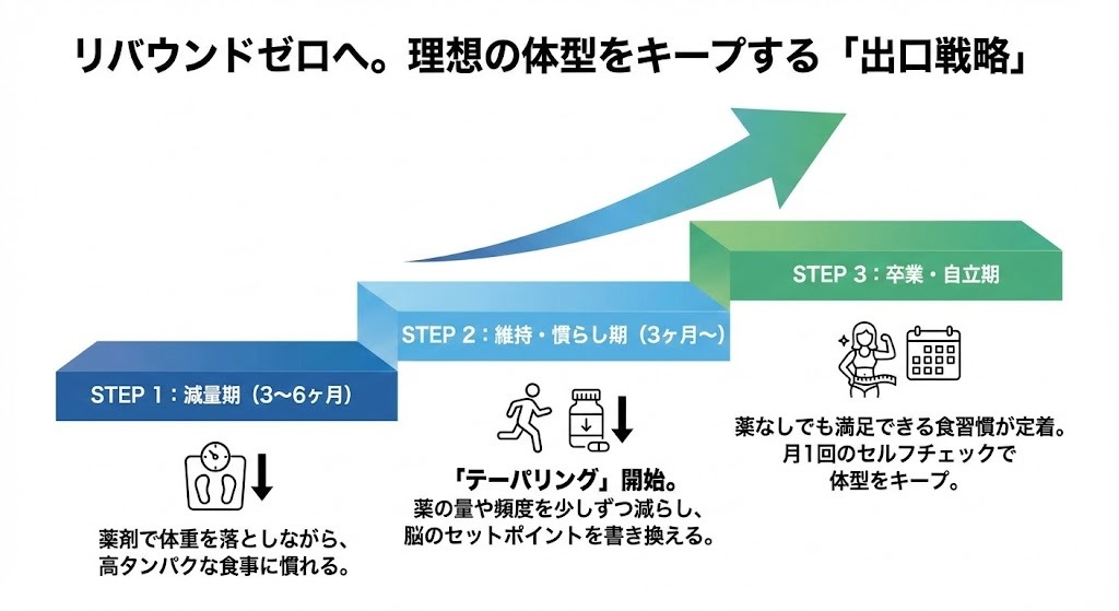 リバウンドを防ぎ理想の体型をキープする「出口戦略」の3ステップ図解。1.減量期（高タンパク食に慣れる）、2.維持・慣らし期（テーパリングで脳のセットポイントを書き換える）、3.卒業・自立期（食習慣の定着）のロードマップ。