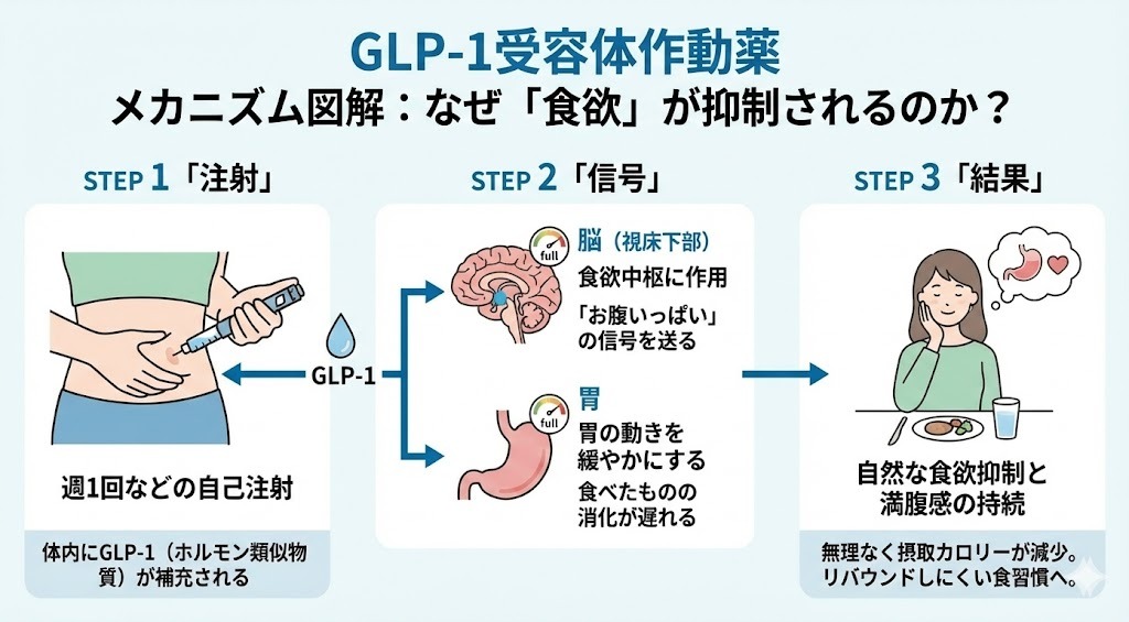 GLP-1受容体作動薬が食欲を抑制するメカニズムの図解。ステップ1:自己注射、ステップ2:脳(満腹信号)と胃(消化遅延)への作用、ステップ3:自然な食欲抑制とリバウンドしにくい食習慣への変化。