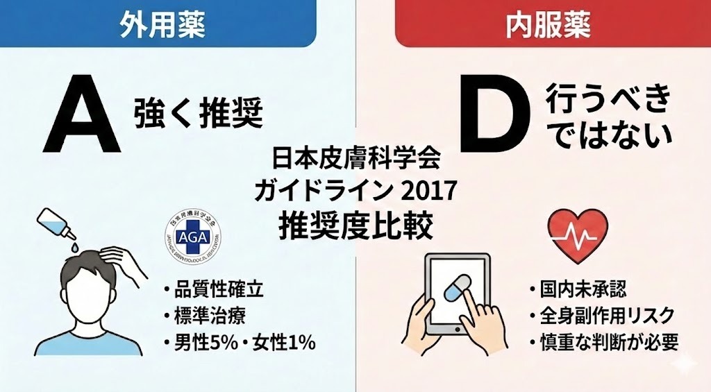 日本皮膚科学会ガイドライン2017による、ミノキシジル外用薬と内服薬の推奨度比較図。外用薬は「A：強く推奨」とされているが、内服薬は「D：行うべきではない（国内未承認・全身副作用のリスクあり）」とされている。