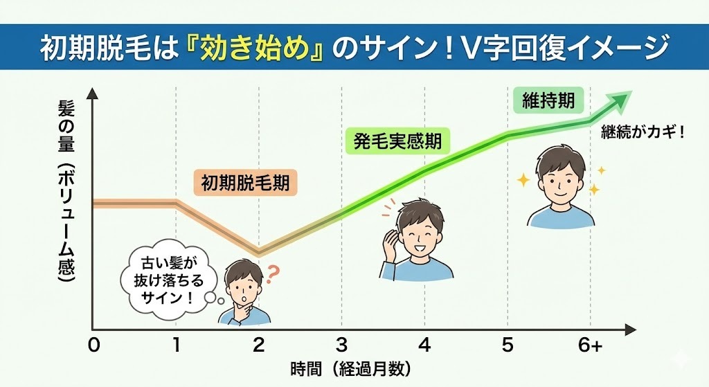 ミノキシジル使用後の毛髪量の変化を示すV字回復曲線グラフ。1〜2ヶ月目に古い髪が抜け落ちる「初期脱毛期」があるが、それは「効き始めのサイン」であり、3ヶ月目以降から発毛を実感し、6ヶ月以降の維持期へと繋がる経過を説明している。