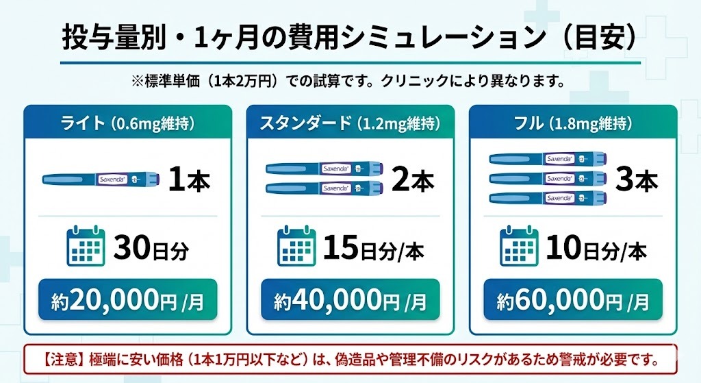 投与量別の1ヶ月の費用シミュレーション表。ライト(0.6mg維持)で約2万円、スタンダード(1.2mg維持)で約4万円、フル(1.8mg維持)で約6万円の目安。極端に安い価格の偽造品に対する注意喚起も記載。