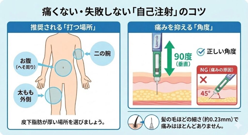 痛くない・失敗しない自己注射のコツの図解。推奨される打つ場所(お腹、二の腕、太もも外側)と、痛みを抑える正しい角度(皮膚に対して垂直90度)を解説。針が髪の毛ほどの細さ(約0.23mm)であることも紹介。