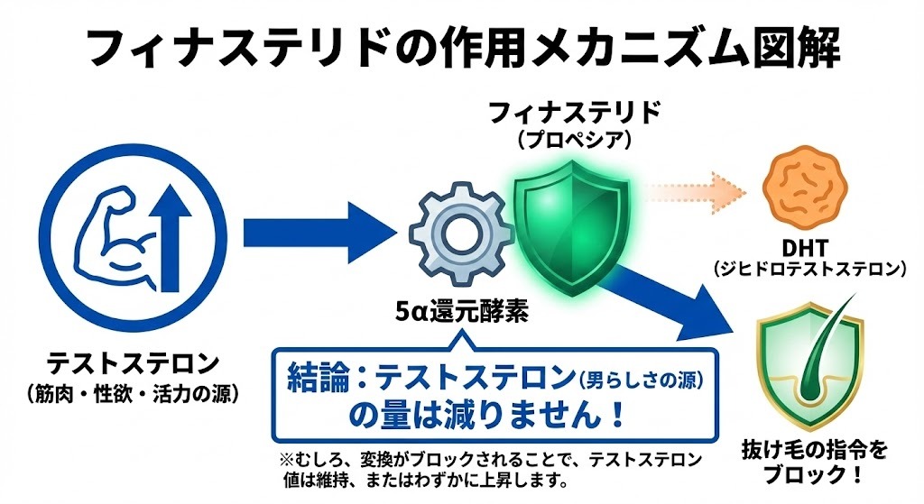 フィナステリドの作用機序の図解。テストステロンが5α還元酵素によってDHT（抜け毛の原因）に変換されるのをブロックする仕組み。テストステロン自体の量は減らず、むしろ維持またはわずかに上昇するという結論を強調している。