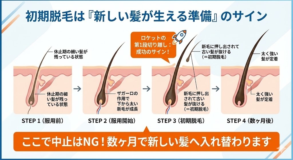 初期脱毛の仕組みを4つのステップで説明する図。1.服用前の休止期の髪、2.服用開始による新毛の成長、3.新毛に押し出されて古い髪が抜ける（初期脱毛）、4.数ヶ月後の太く強い髪の定着という流れを示し、途中で服用を中止しないよう呼びかけている。