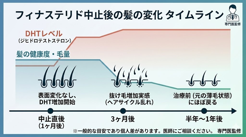 フィナステリド服用中止後の、時間経過(1ヶ月後、3ヶ月後、半年〜1年後)に伴うDHTレベル上昇と髪の健康度・毛量低下を示すタイムライン図解