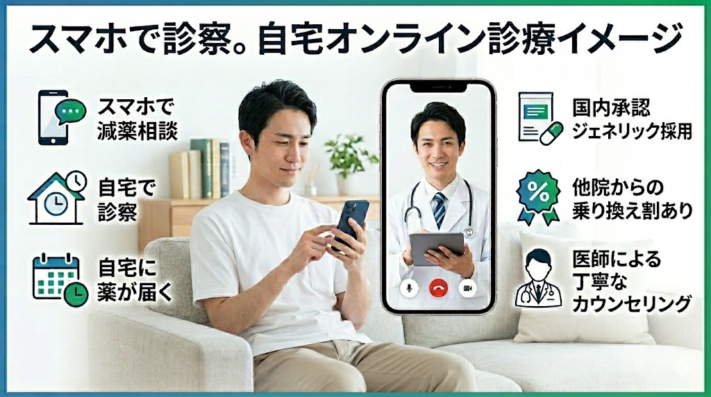 スマートフォンで自宅からAGAオンライン診療を受ける男性のイメージ。画面には医師が映り、左側に減薬相談や自宅診療、薬の配送、右側にジェネリック採用、乗り換え割、丁寧なカウンセリングの利点を示すアイコンが表示されている