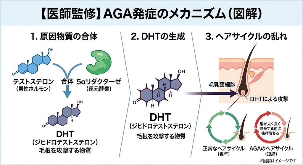 AGAが発症するメカニズムの図解(DHTの生成とヘアサイクルの乱れ)