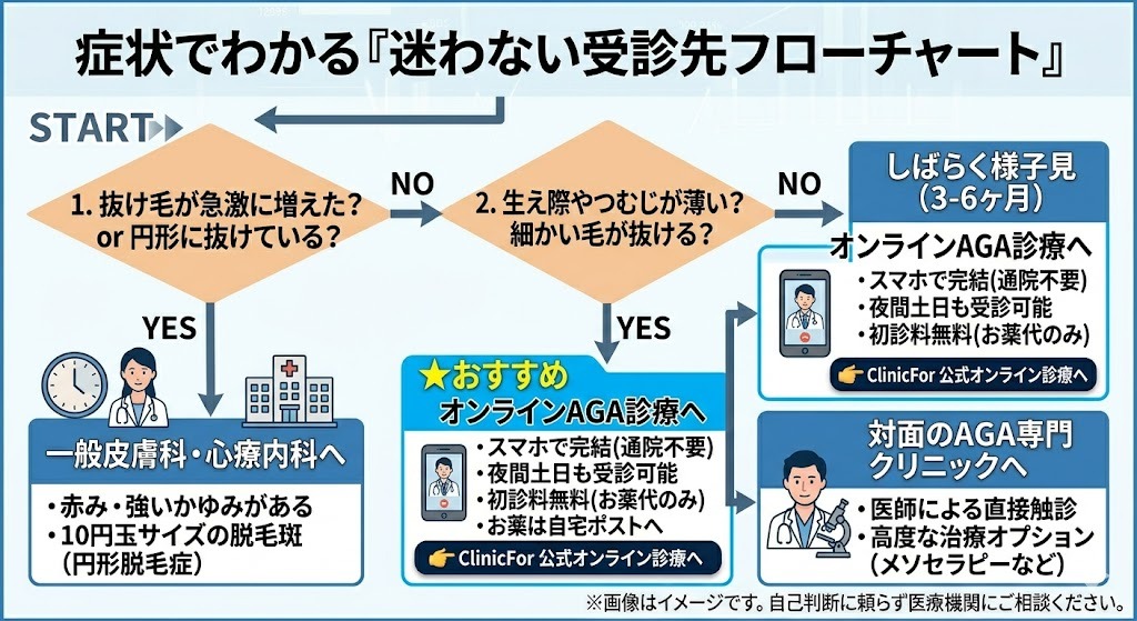 抜け毛の症状でわかる迷わない受診先フローチャート(一般皮膚科・オンラインAGA診療・対面クリニック)